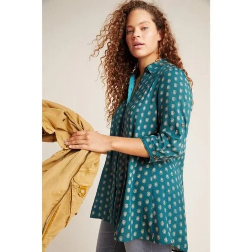 Anthro Maeve Monika Buttondown‎ Chic Fall Winter Tunic in Dark Turquoise XS